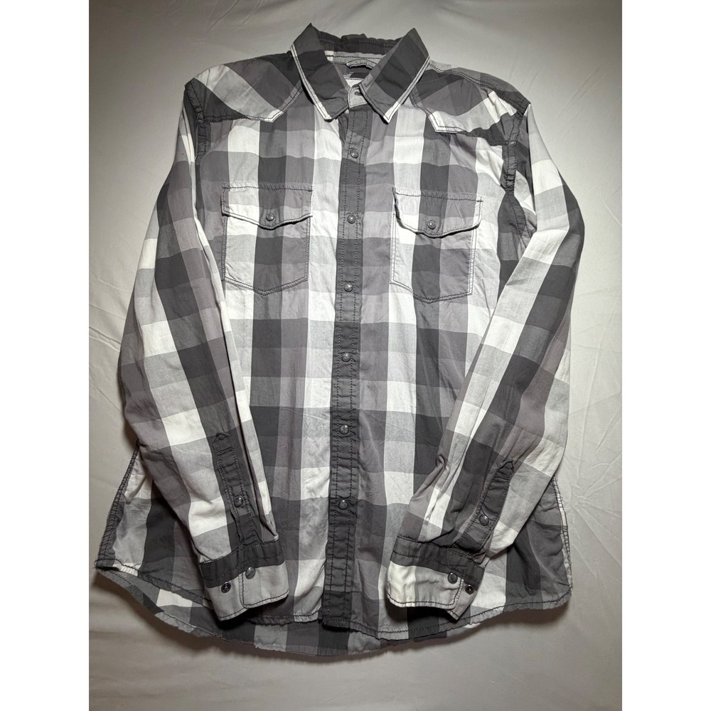 Express Mens Grey White Buffalo Plaid Western Pearl Snap Long Sleeve Shirt XLβ